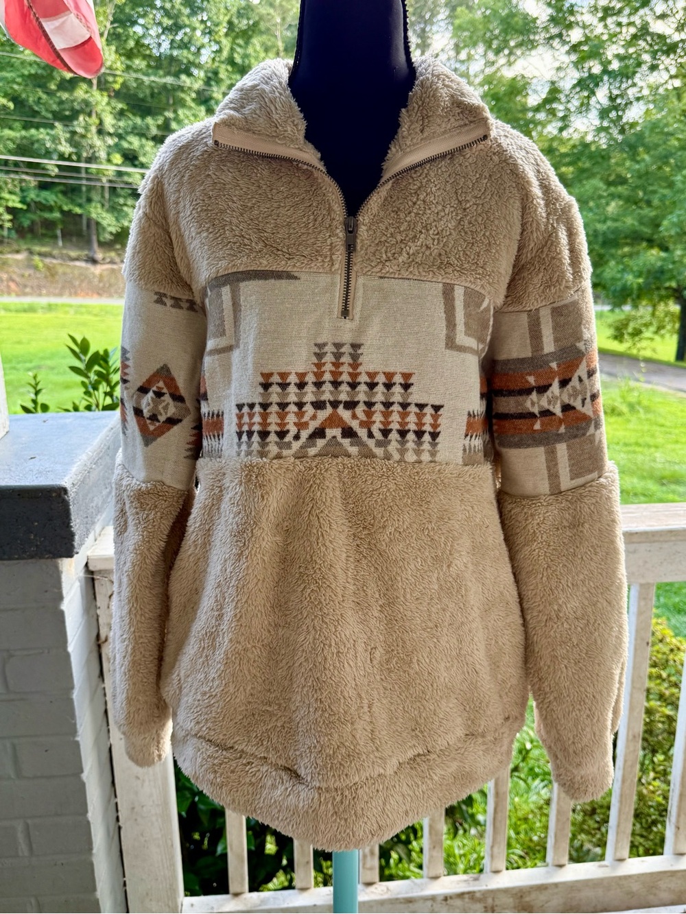 Beige Sherpa Quarter-Zip SherpaHoodie with Aztec Panel Size Small